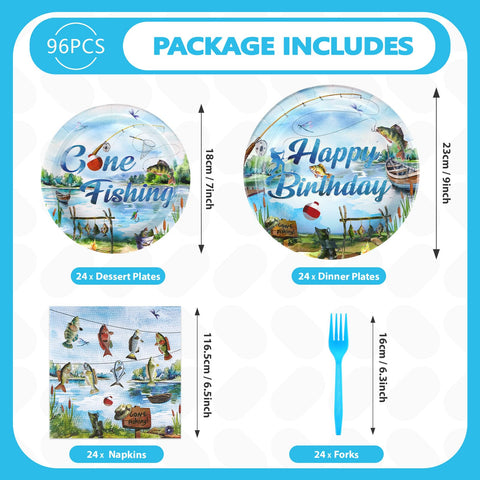 96 Pcs Fishing Birthday Party Plates and Napkins - Grencian