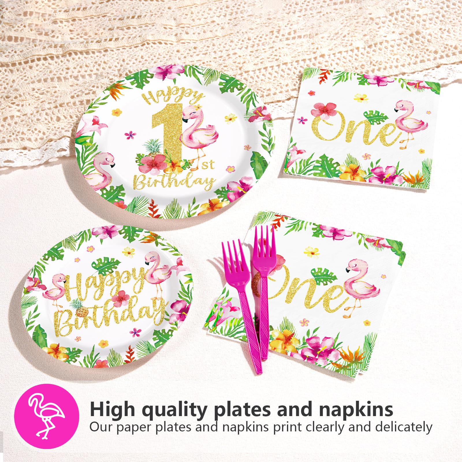 96 Pcs Flamingo 1st Birthday Party Plates and Napkins - Grencian