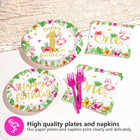 96 Pcs Flamingo 1st Birthday Party Plates and Napkins - Grencian
