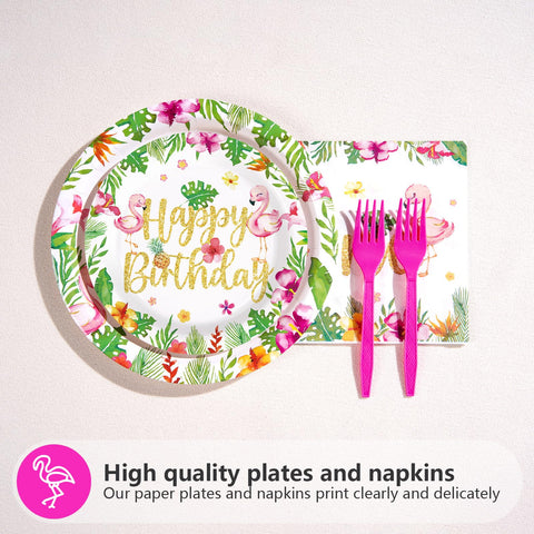 96 Pcs Flamingo 1st Birthday Party Plates and Napkins - Grencian