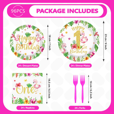 96 Pcs Flamingo 1st Birthday Party Plates and Napkins - Grencian