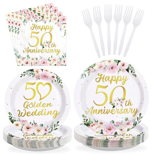 96 Pcs Floral 50th Wedding Anniversary Party Plates and Napkins - Grencian