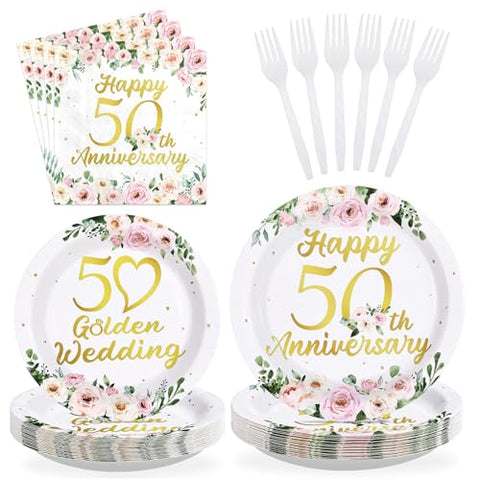 96 Pcs Floral 50th Wedding Anniversary Party Plates and Napkins - Grencian