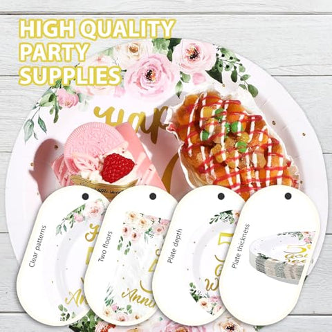96 Pcs Floral 50th Wedding Anniversary Party Plates and Napkins - Grencian