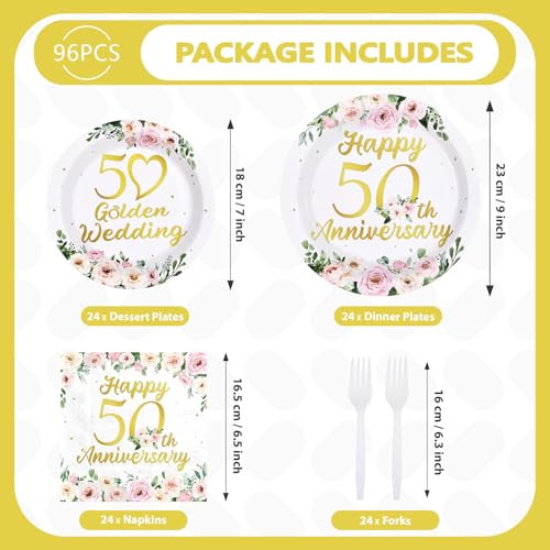 96 Pcs Floral 50th Wedding Anniversary Party Plates and Napkins - Grencian
