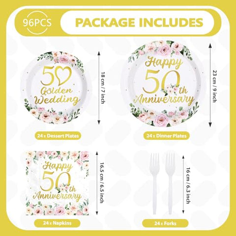 96 Pcs Floral 50th Wedding Anniversary Party Plates and Napkins - Grencian