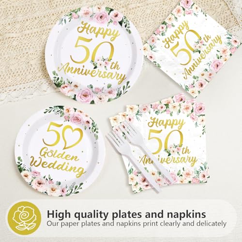 96 Pcs Floral 50th Wedding Anniversary Party Plates and Napkins - Grencian