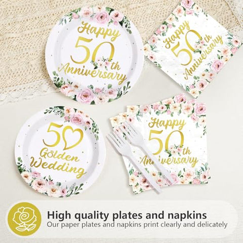 96 Pcs Floral 50th Wedding Anniversary Party Plates and Napkins - Grencian