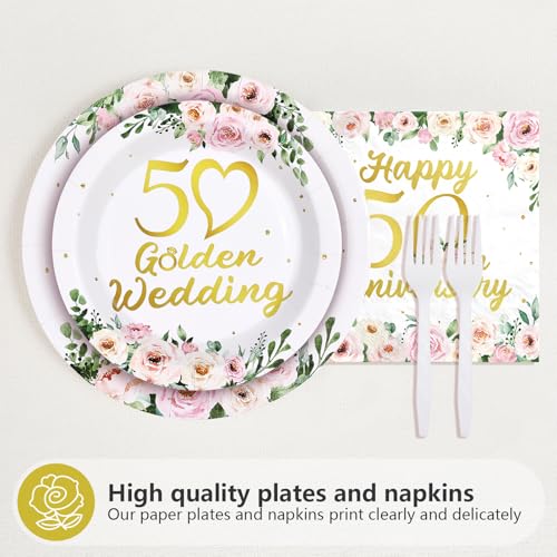 96 Pcs Floral 50th Wedding Anniversary Party Plates and Napkins - Grencian