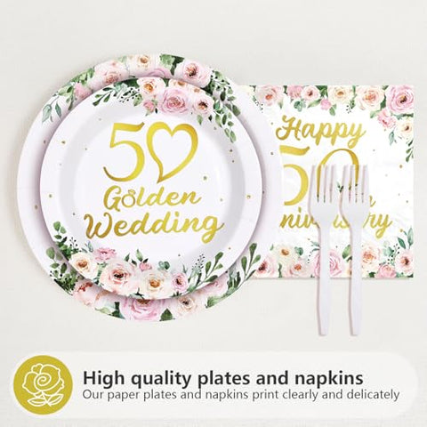 96 Pcs Floral 50th Wedding Anniversary Party Plates and Napkins - Grencian