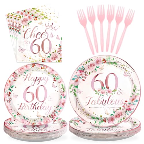96 Pcs Floral 60th Birthday Party Plates and Napkins - Grencian