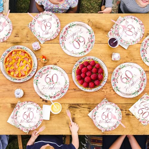 96 Pcs Floral 60th Birthday Party Plates and Napkins - Grencian