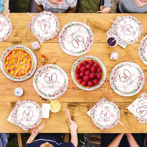 96 Pcs Floral 60th Birthday Party Plates and Napkins - Grencian