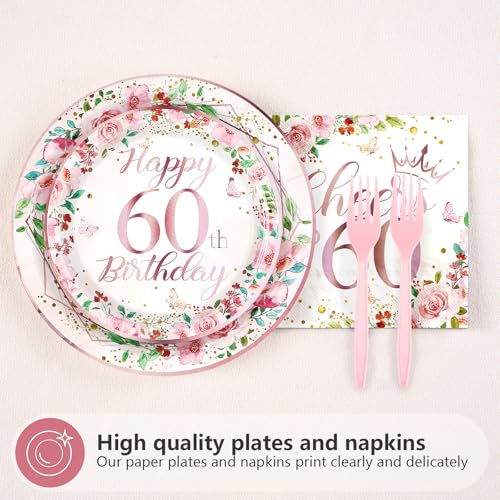 96 Pcs Floral 60th Birthday Party Plates and Napkins - Grencian