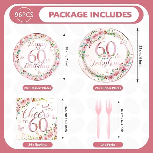 96 Pcs Floral 60th Birthday Party Plates and Napkins - Grencian