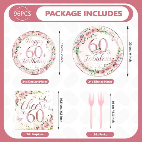 96 Pcs Floral 60th Birthday Party Plates and Napkins - Grencian