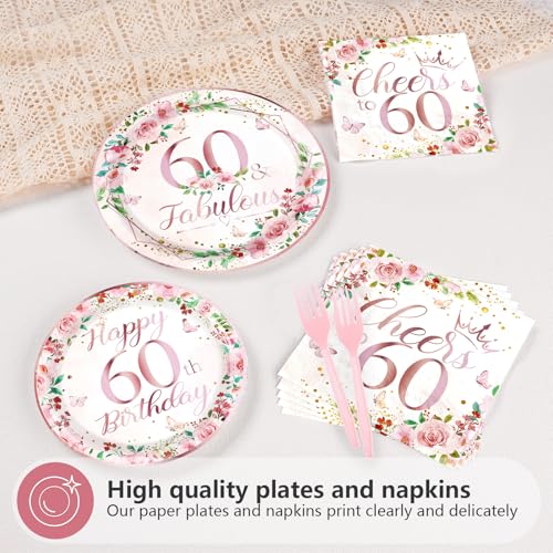 96 Pcs Floral 60th Birthday Party Plates and Napkins - Grencian