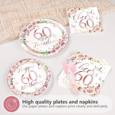 96 Pcs Floral 60th Birthday Party Plates and Napkins - Grencian