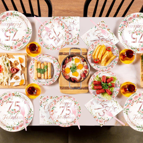 96 Pcs Floral 75th Birthday Party Plates and Napkins - Grencian