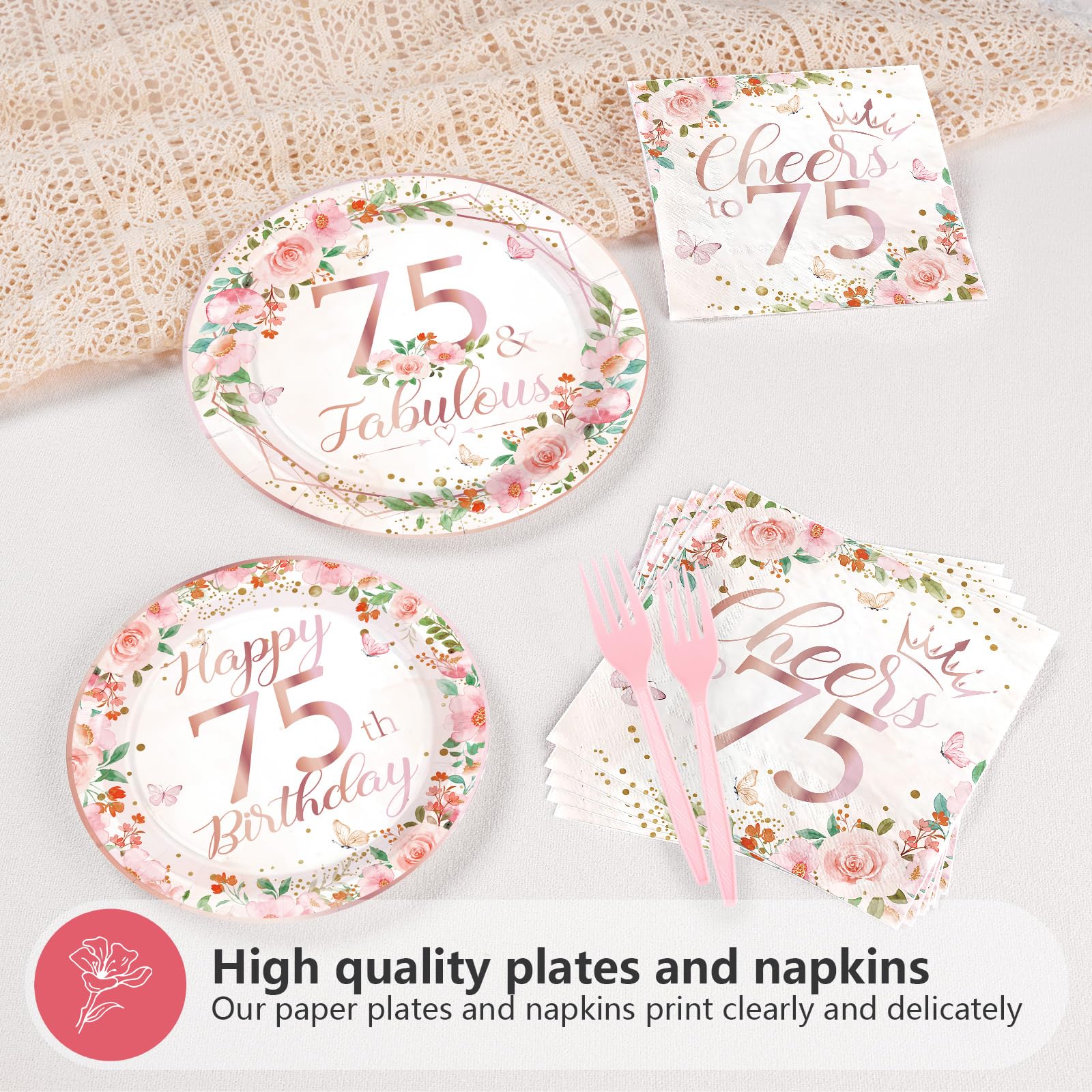 96 Pcs Floral 75th Birthday Party Plates and Napkins - Grencian