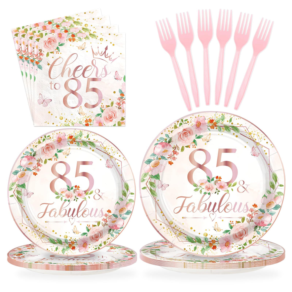 96 Pcs Floral 85th Birthday Party Plates and Napkins - Grencian