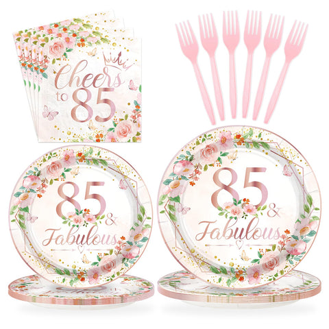 96 Pcs Floral 85th Birthday Party Plates and Napkins - Grencian