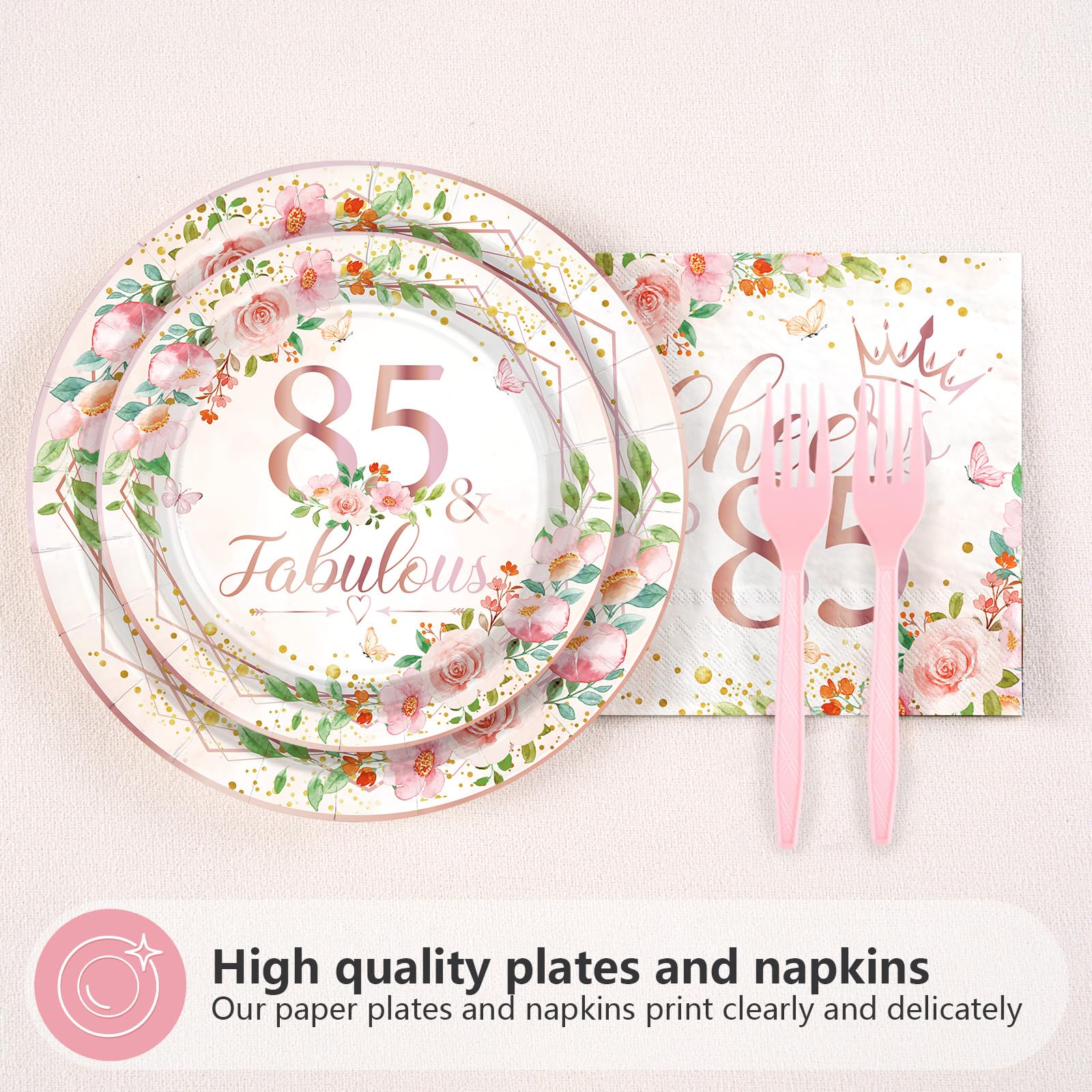 96 Pcs Floral 85th Birthday Party Plates and Napkins - Grencian