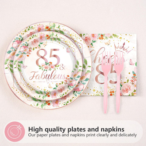 96 Pcs Floral 85th Birthday Party Plates and Napkins - Grencian