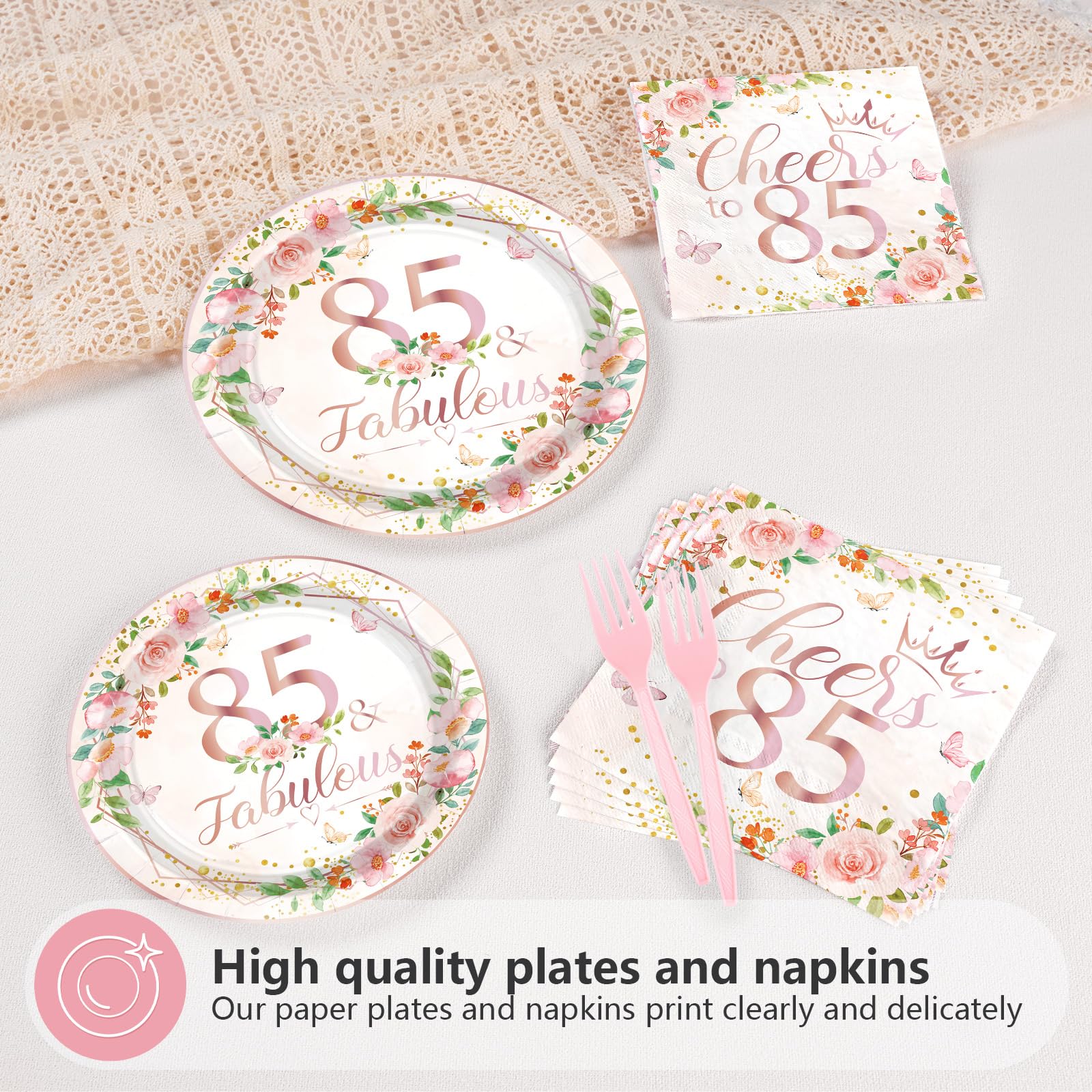 96 Pcs Floral 85th Birthday Party Plates and Napkins - Grencian