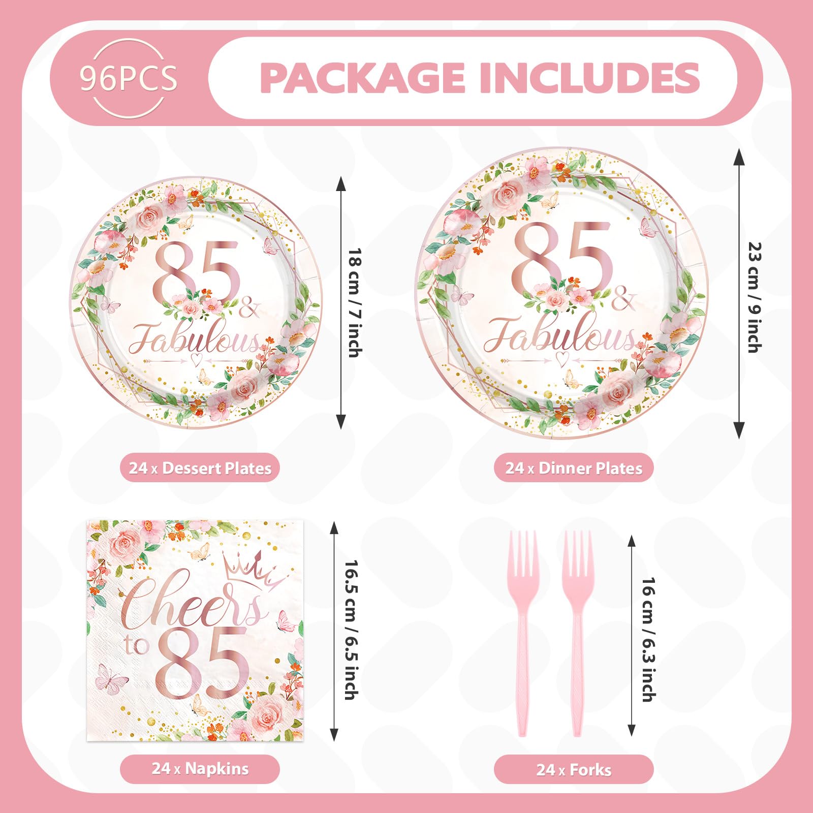 96 Pcs Floral 85th Birthday Party Plates and Napkins - Grencian