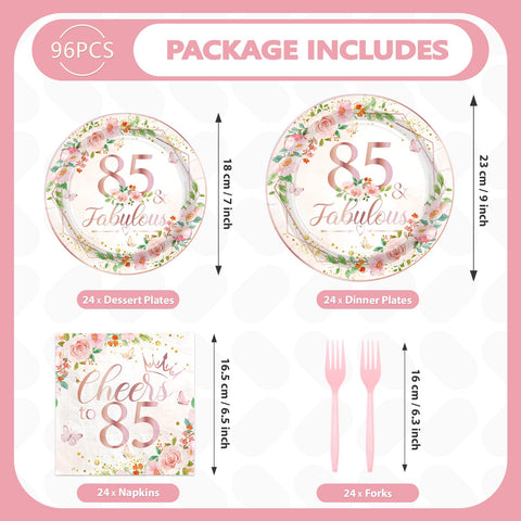 96 Pcs Floral 85th Birthday Party Plates and Napkins - Grencian