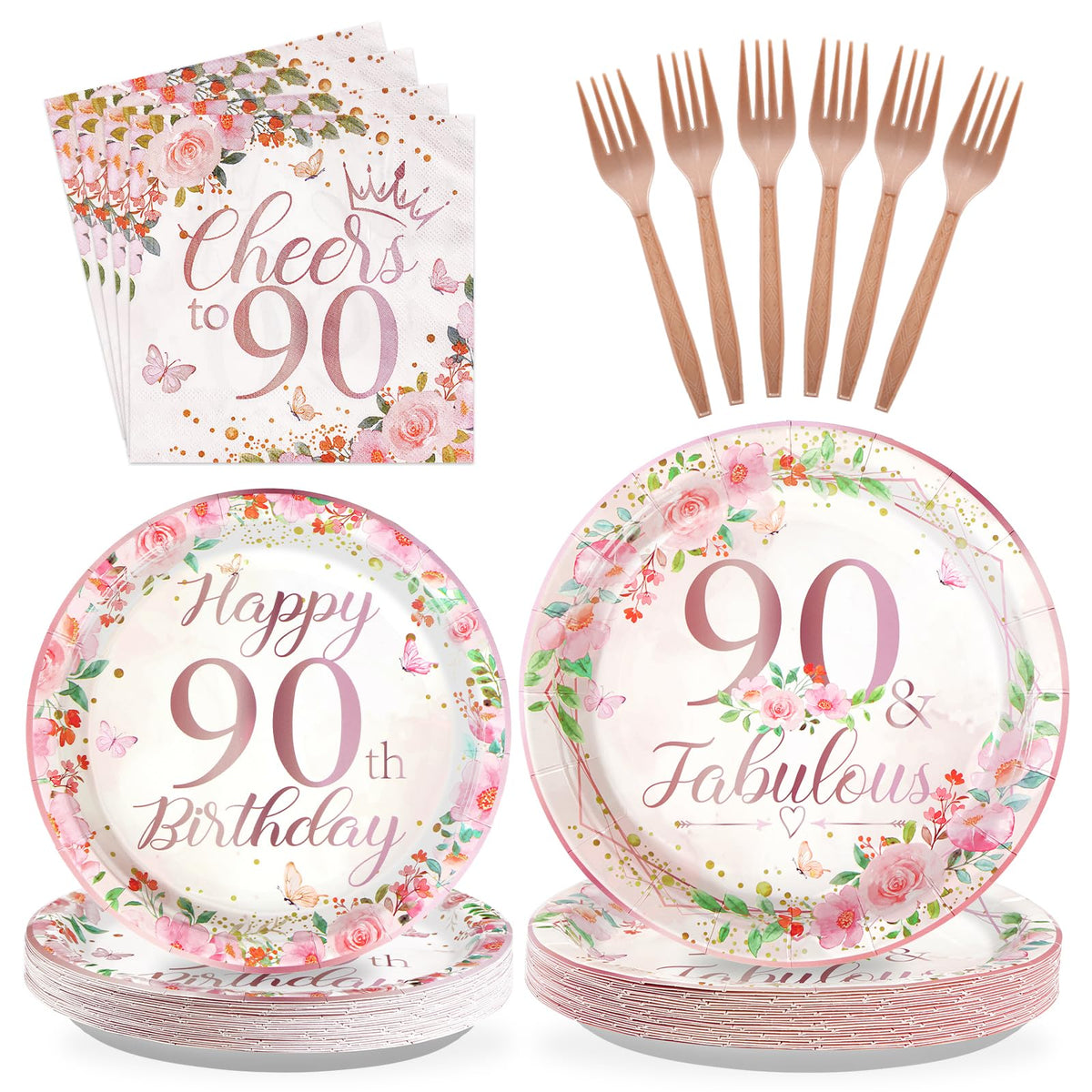96 Pcs Floral 90th Birthday Party Plates and Napkins - Grencian