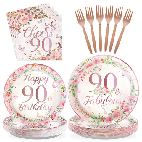 96 Pcs Floral 90th Birthday Party Plates and Napkins - Grencian