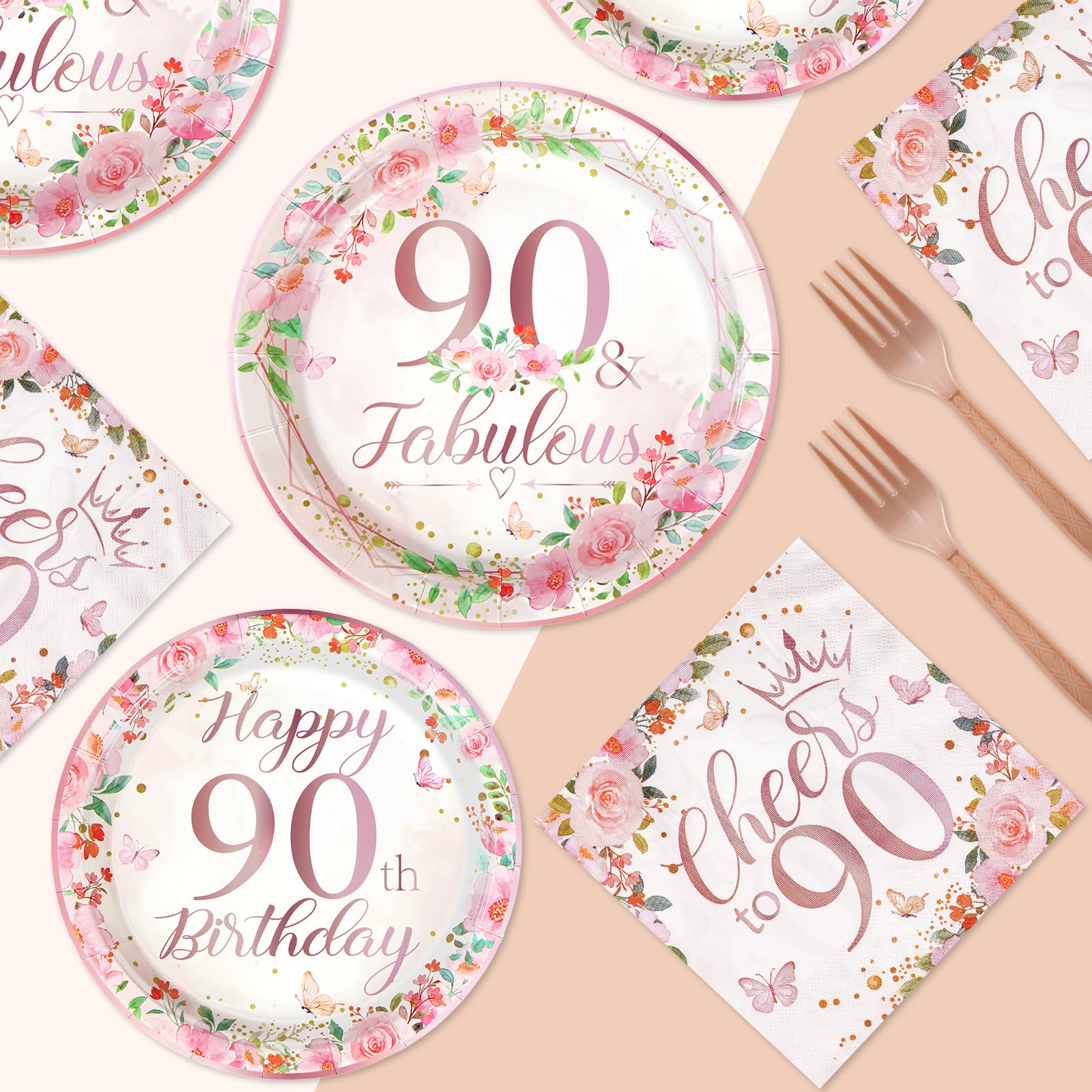 96 Pcs Floral 90th Birthday Party Plates and Napkins - Grencian
