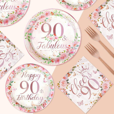 96 Pcs Floral 90th Birthday Party Plates and Napkins - Grencian