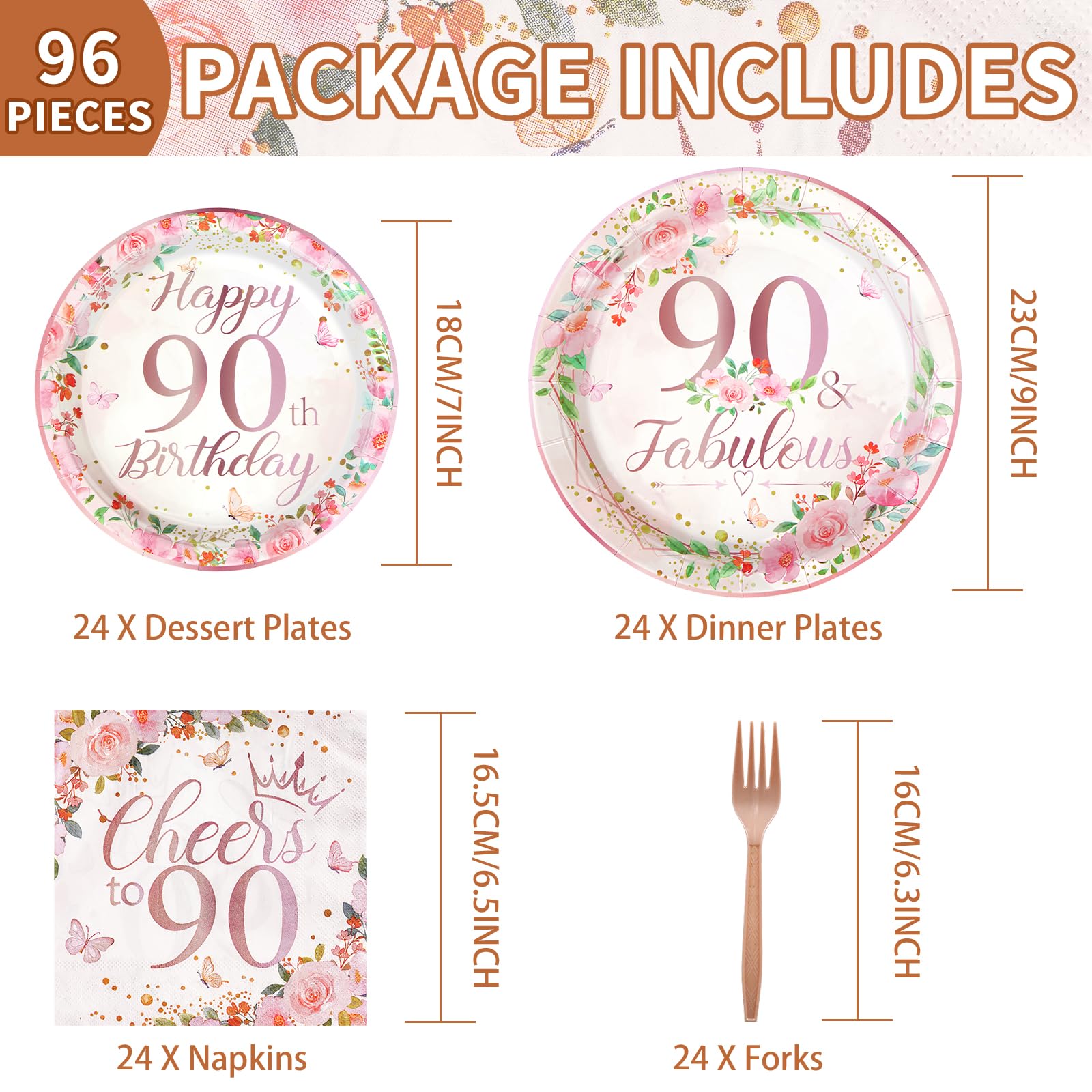 96 Pcs Floral 90th Birthday Party Plates and Napkins - Grencian