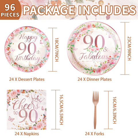 96 Pcs Floral 90th Birthday Party Plates and Napkins - Grencian