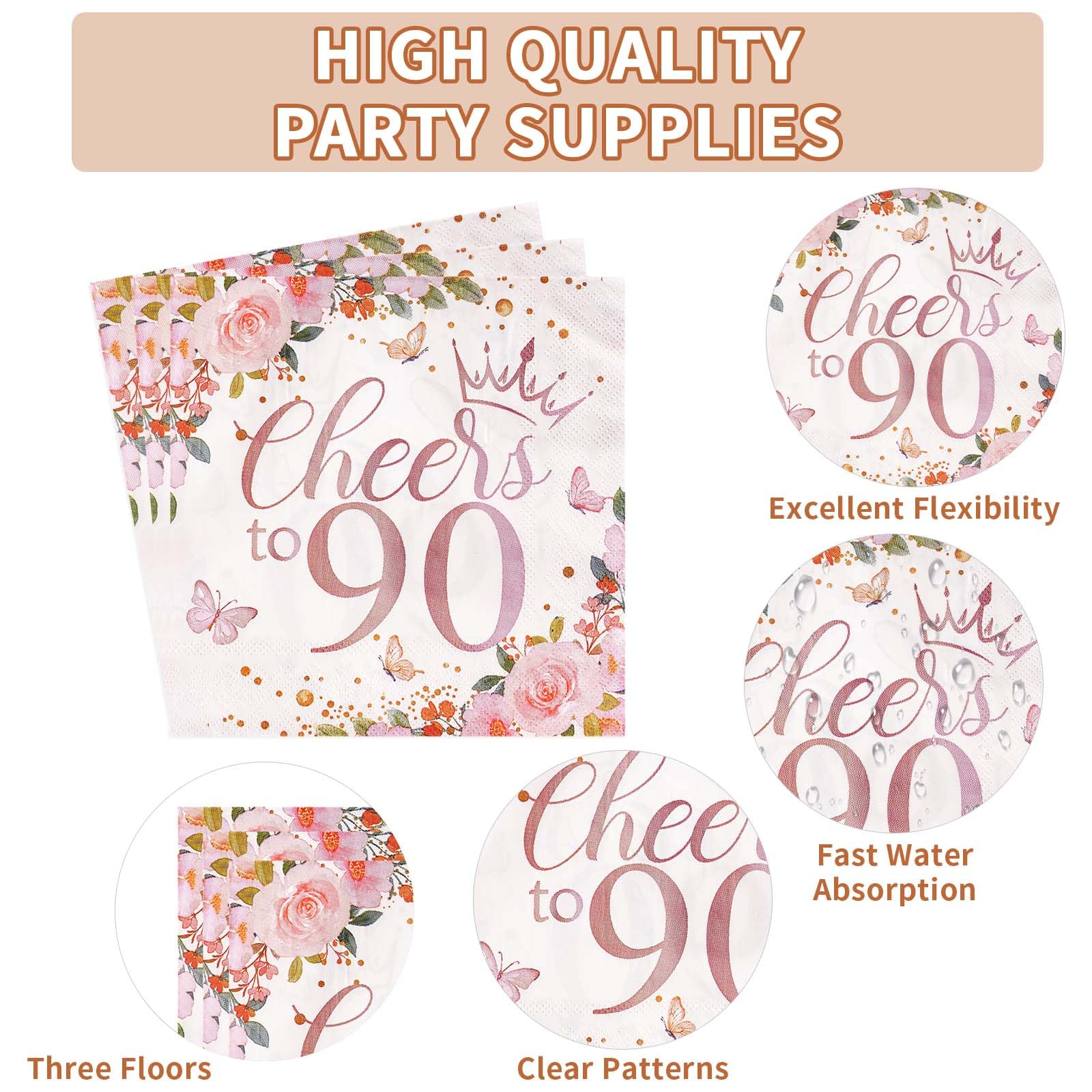96 Pcs Floral 90th Birthday Party Plates and Napkins - Grencian