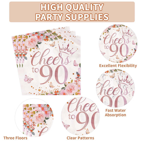 96 Pcs Floral 90th Birthday Party Plates and Napkins - Grencian