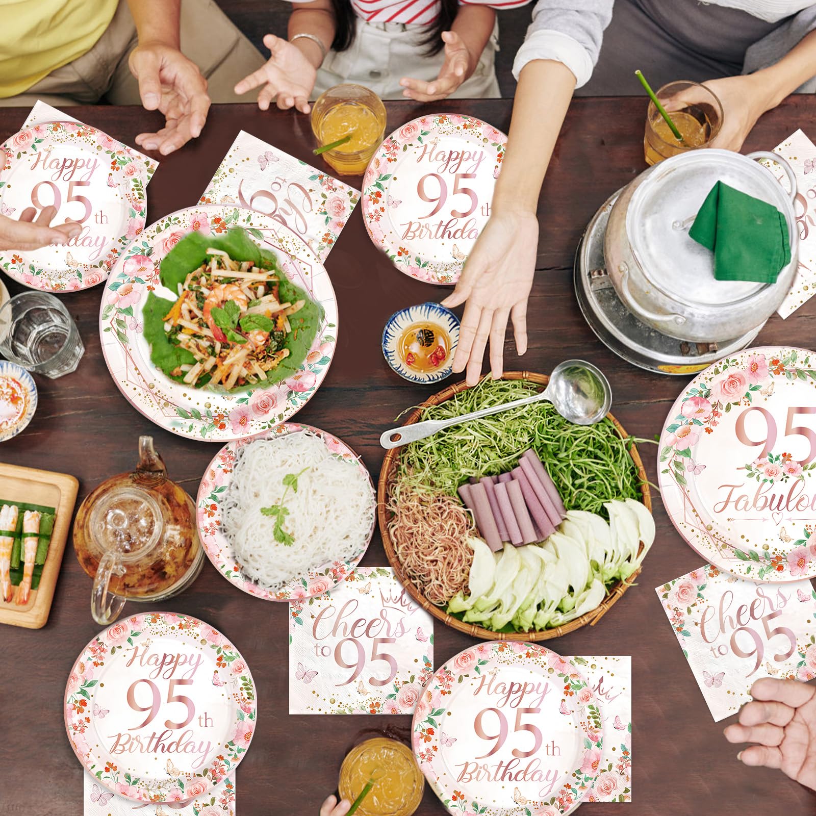 96 Pcs Floral 95th Birthday Party Plates and Napkins - Grencian