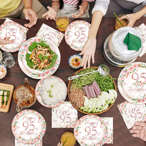 96 Pcs Floral 95th Birthday Party Plates and Napkins - Grencian
