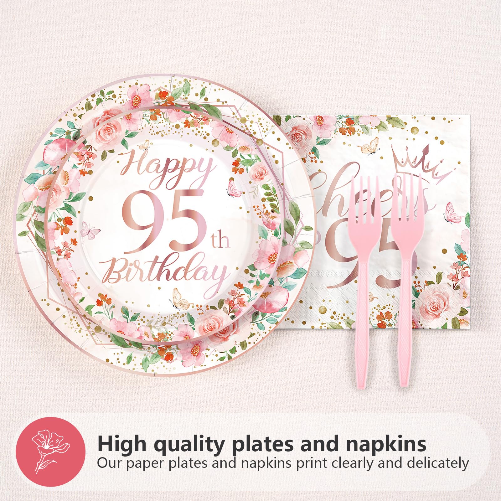 96 Pcs Floral 95th Birthday Party Plates and Napkins - Grencian