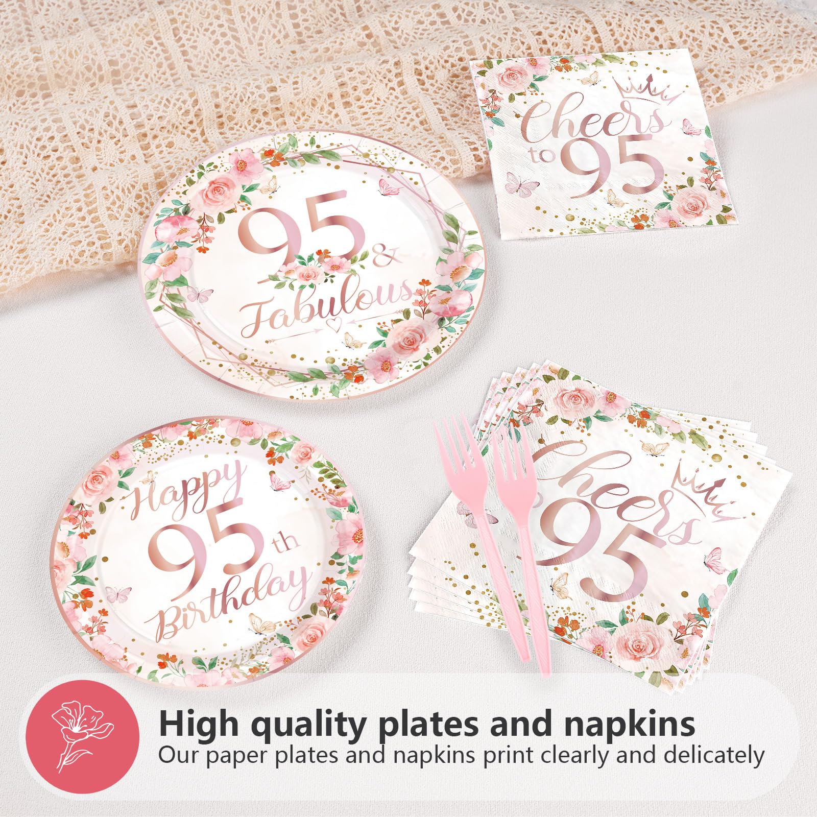 96 Pcs Floral 95th Birthday Party Plates and Napkins - Grencian