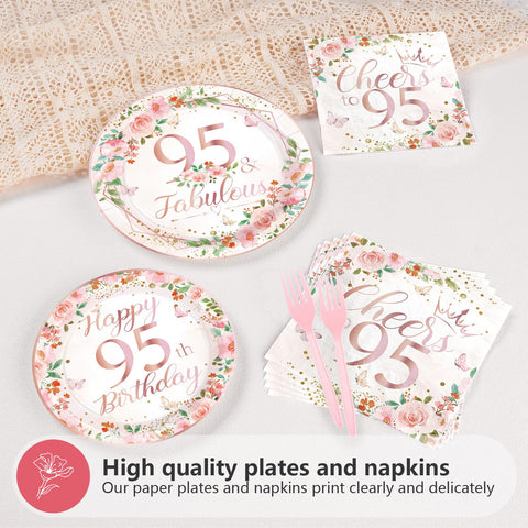 96 Pcs Floral 95th Birthday Party Plates and Napkins - Grencian