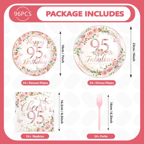 96 Pcs Floral 95th Birthday Party Plates and Napkins - Grencian