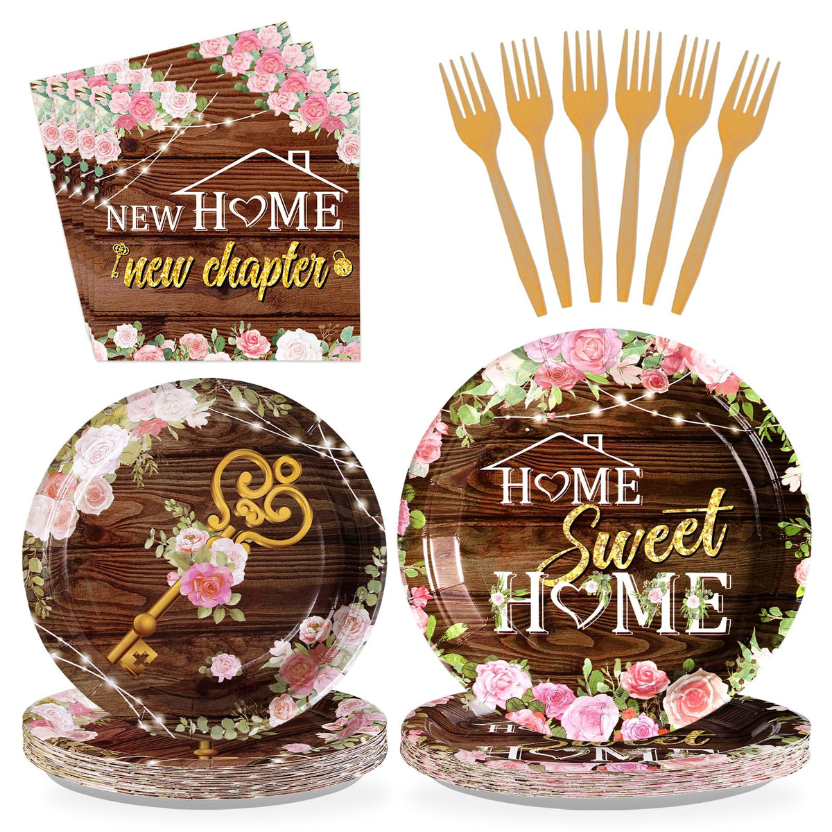 96 Pcs Floral House Warming Party Plates and Napkins - Grencian