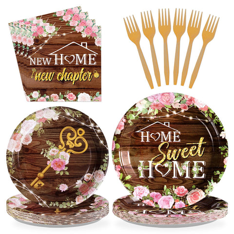 96 Pcs Floral House Warming Party Plates and Napkins - Grencian