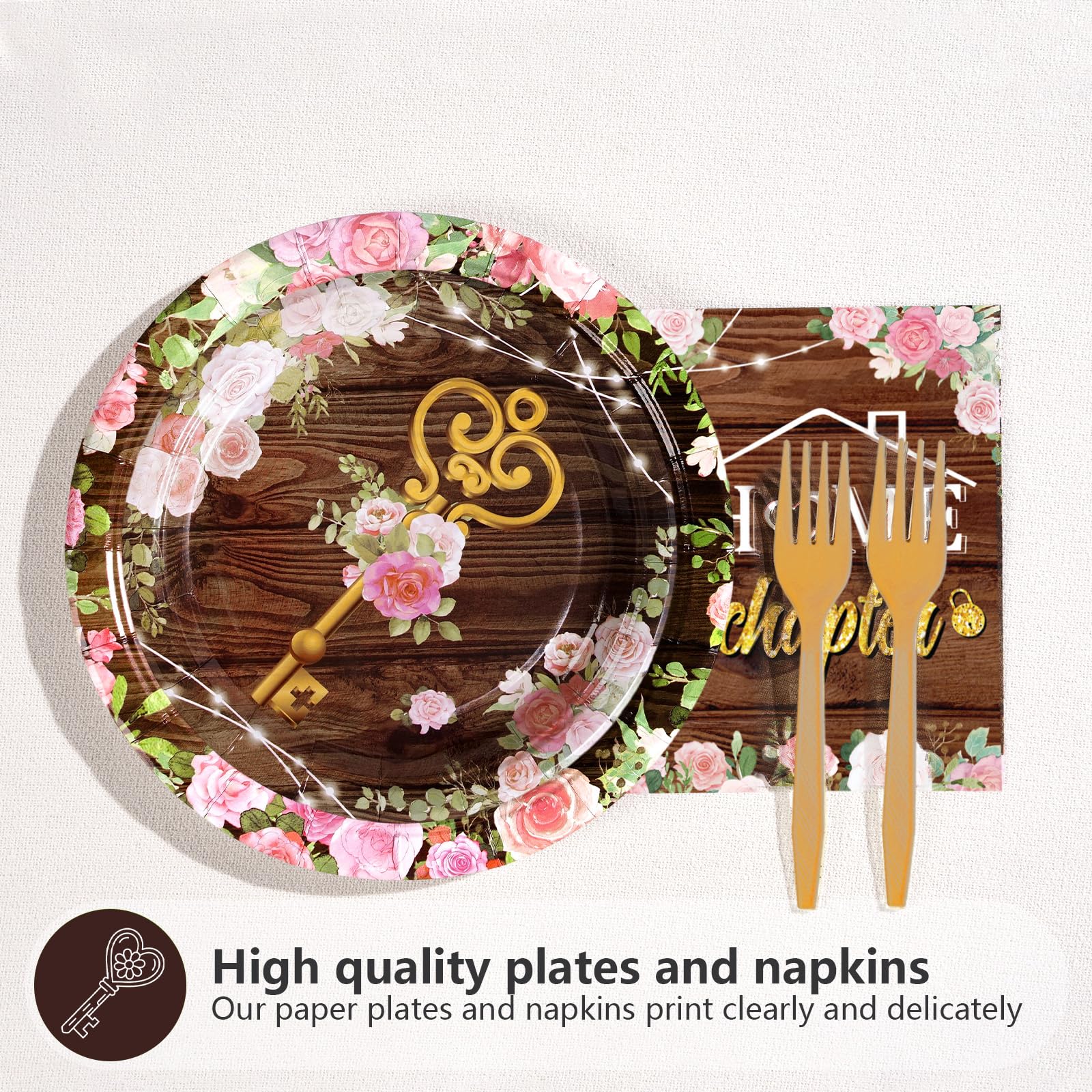 96 Pcs Floral House Warming Party Plates and Napkins - Grencian