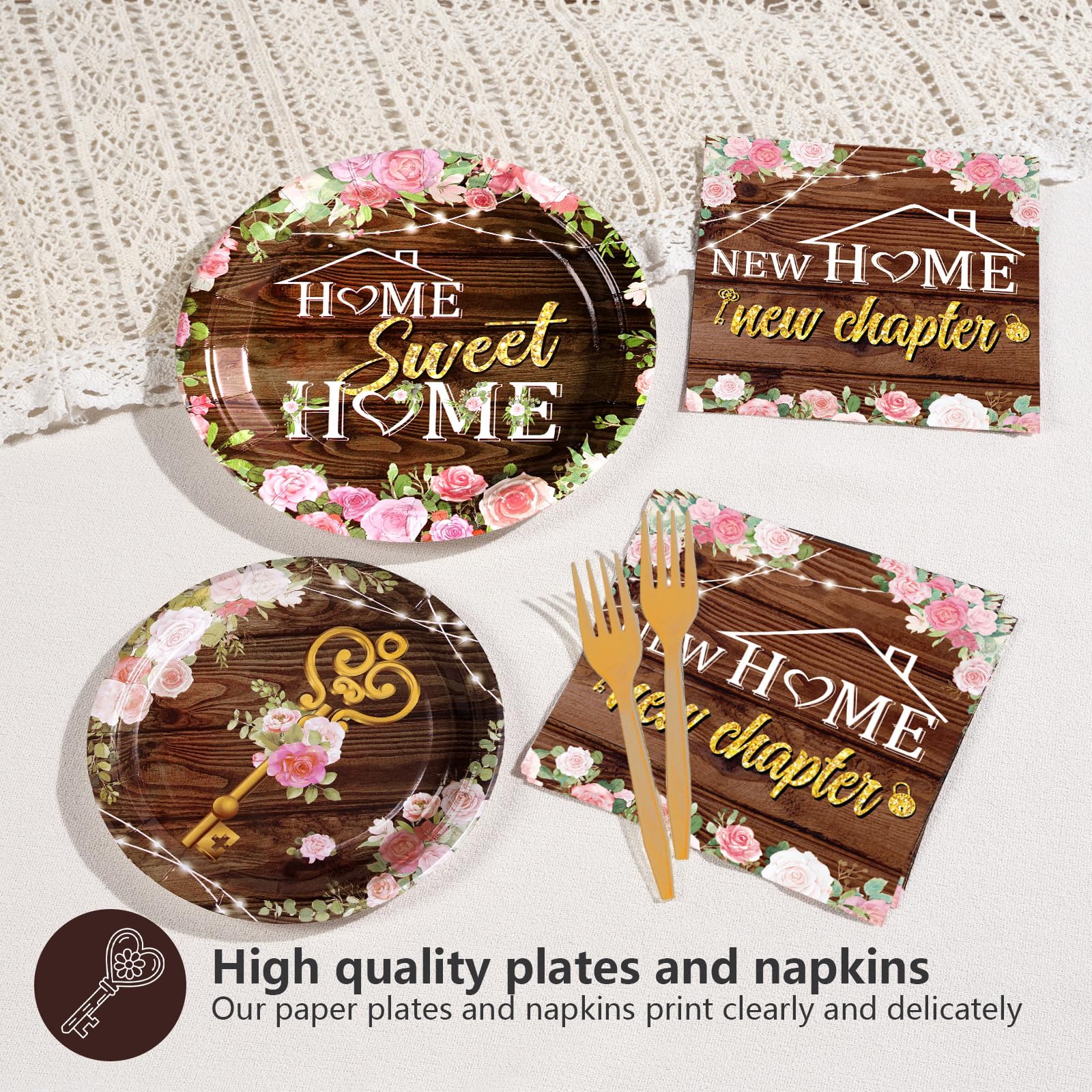 96 Pcs Floral House Warming Party Plates and Napkins - Grencian