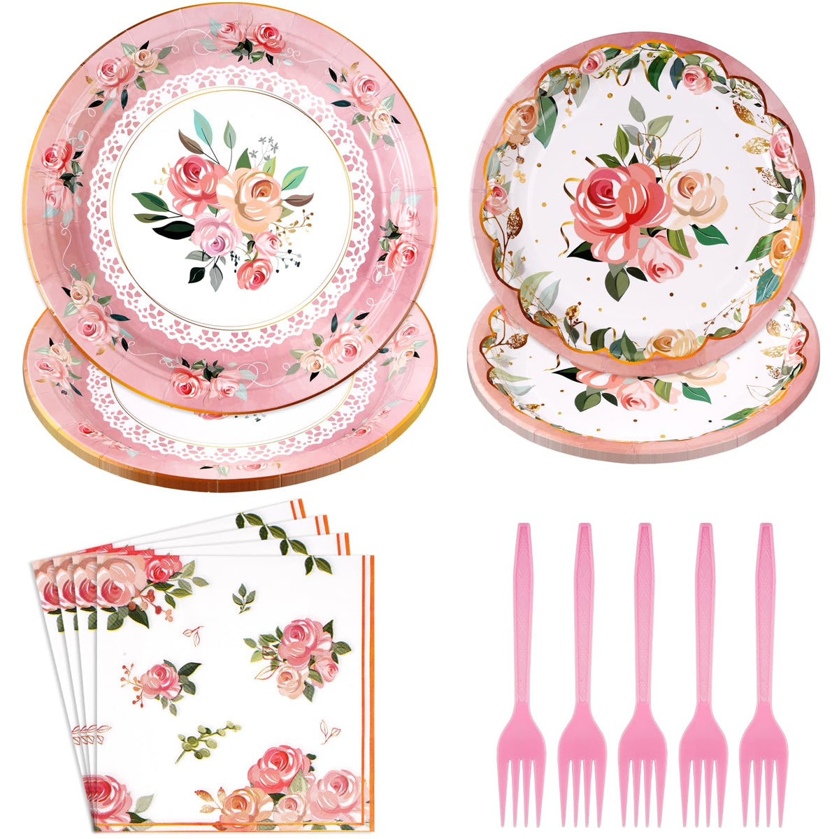 96 Pcs Flower Party Plates and Napkins - Grencian